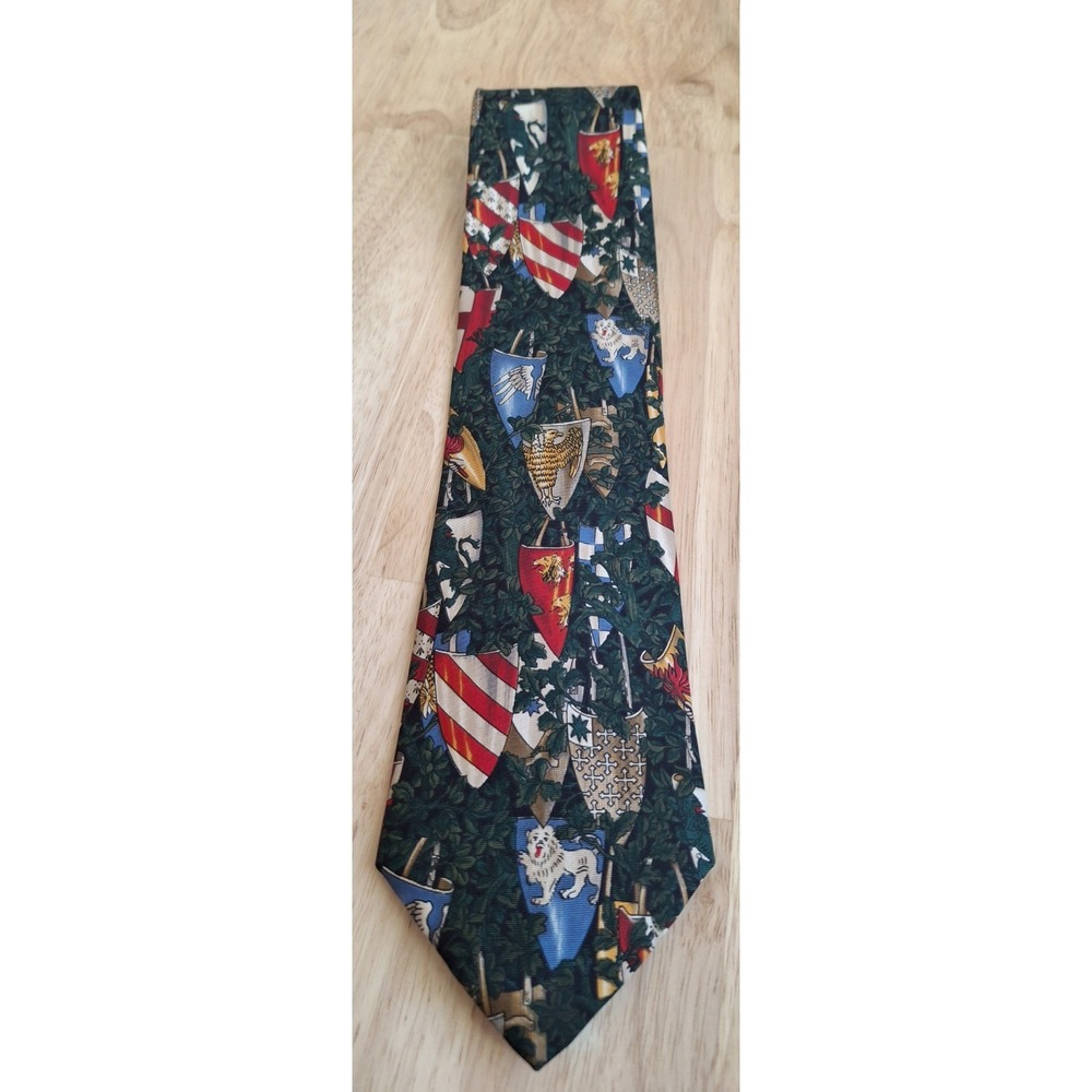Vintage 90s Structure Silk Medieval Heraldic Crest Ivy Wide 4" Power Tie USA